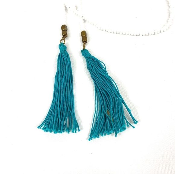 White seed bead with aqua tassel wrap necklace - Picture 5 of 15
